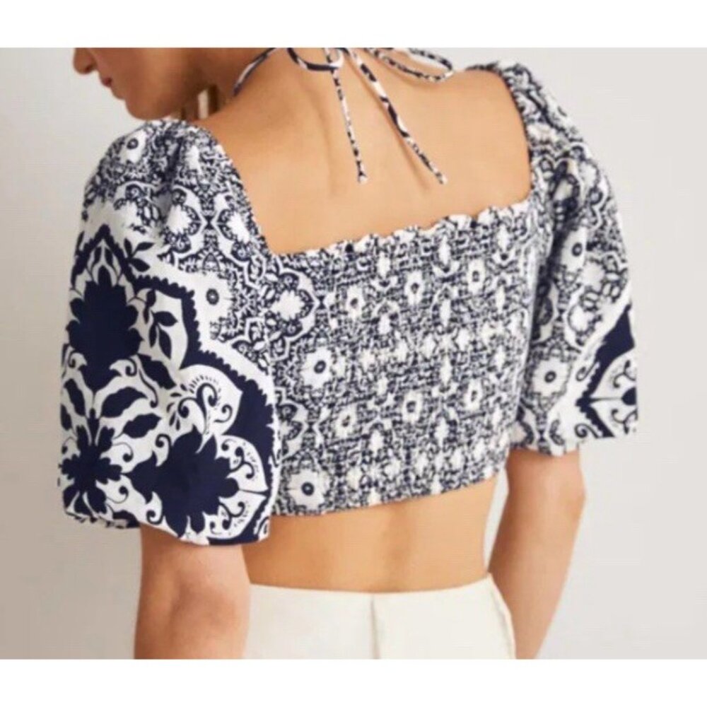 Boden LINEN Halter Neck Cut Out Crop Top Navy Blue WHITE tile Floral Coastal 10 - Picture 4 of 5